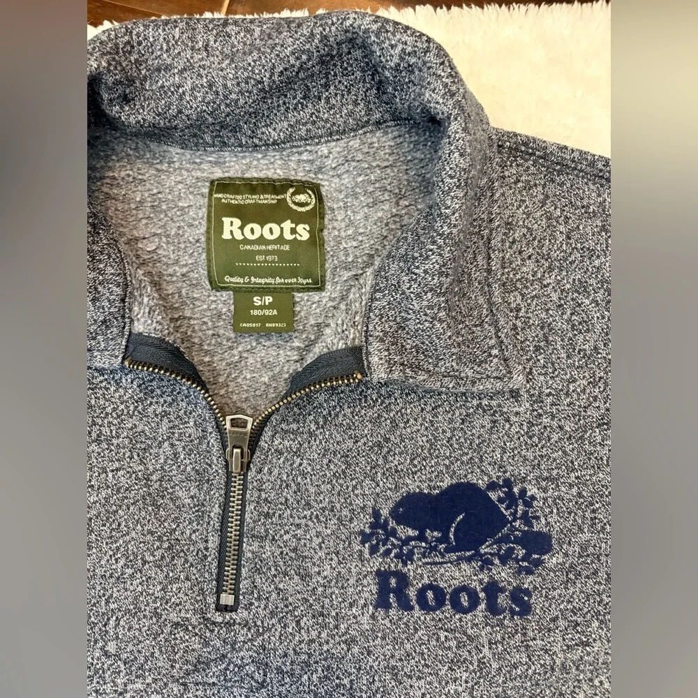 Roots Canada Mens 1/4 Zip Pullover Sweater Sweatshirt Charcoal Logo Size Small
